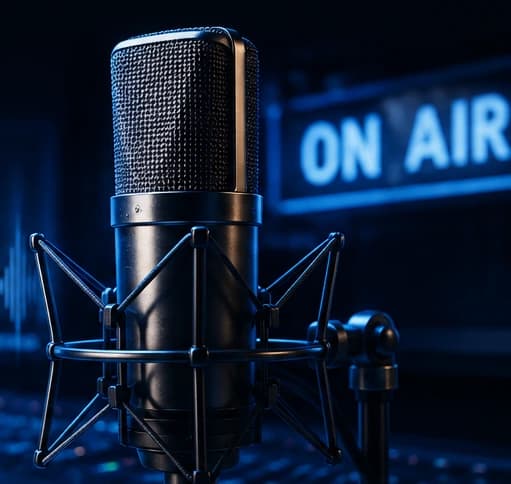 A professional broadcast microphone in a dark radio studio, lit in blue, with an ON AIR sign glowing behind it.